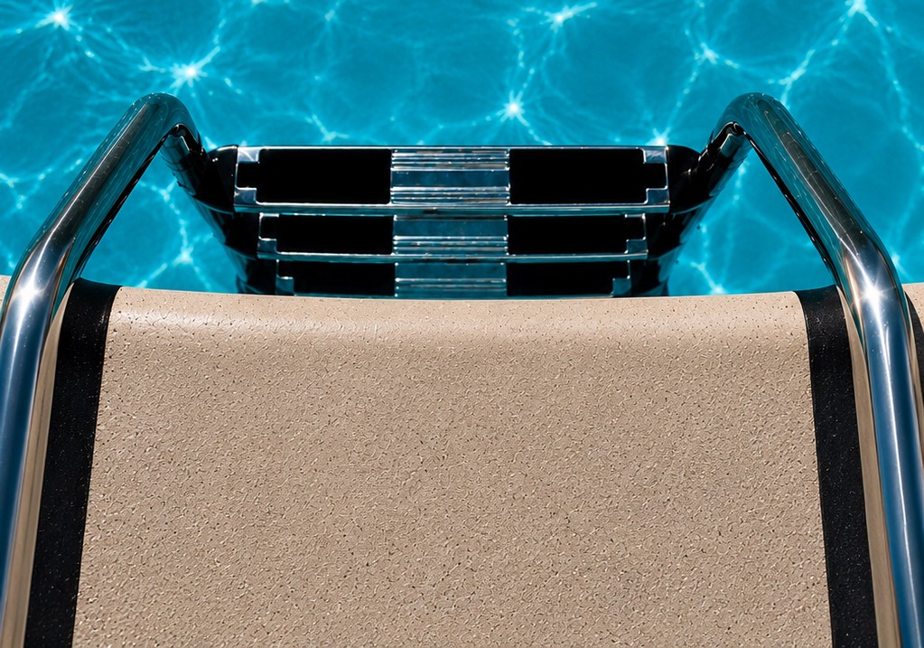 A pool ladder beneath rippling turquoise water